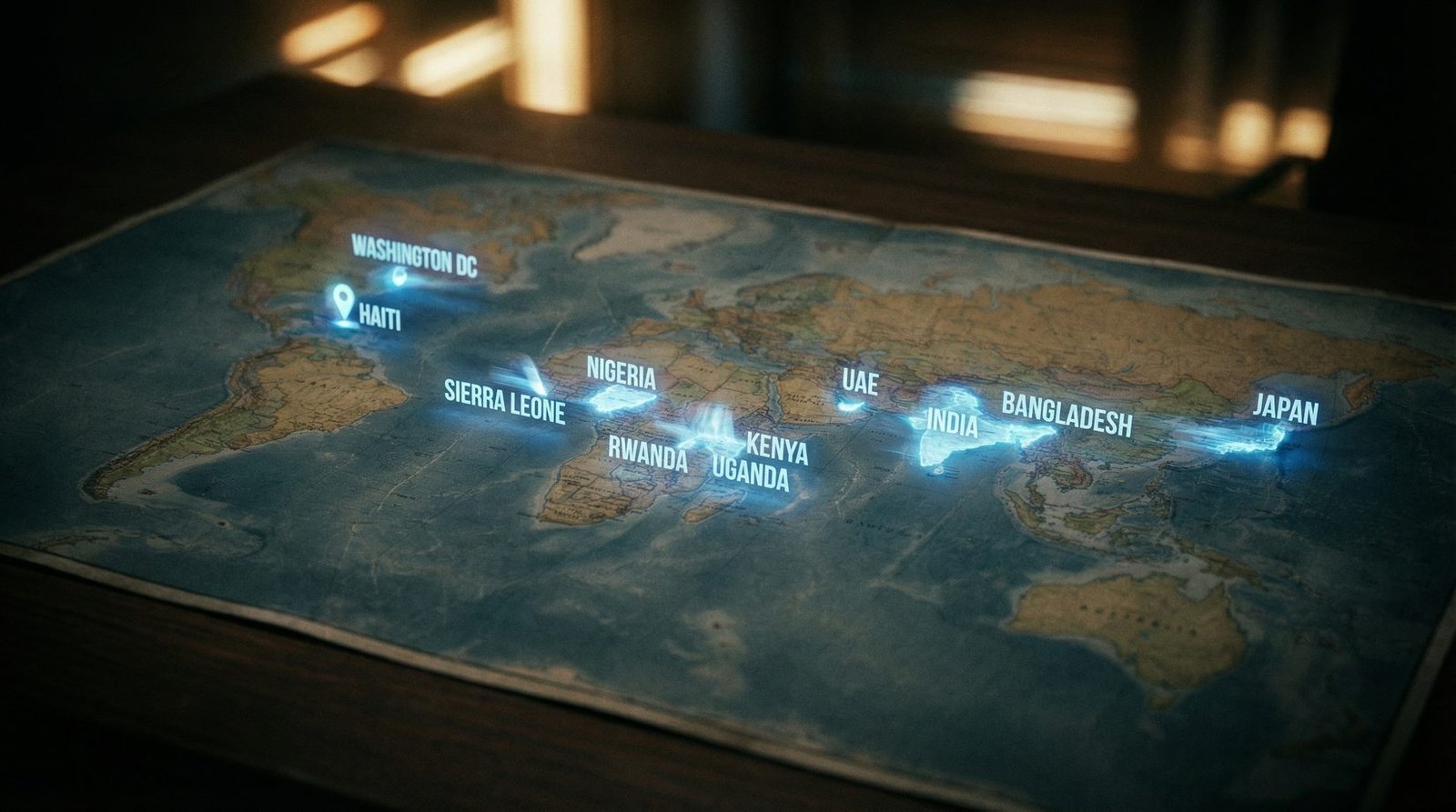 Map of filming locations: Washington DC, Haiti, Sierra Leone, Nigeria, Rwanda, Uganda, Kenya, UAE, India, Bangladesh, Japan